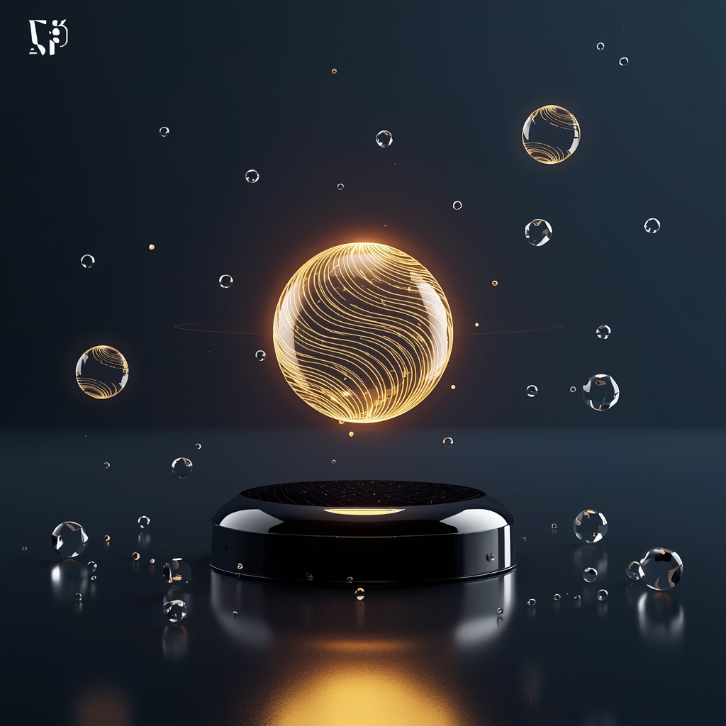 Conceptual 3D render of digital balance. A floating glowing orb made of golden light filaments surrounded by floating geometric glass shapes. Dark navy blue background with a subtle gradient. High gloss, futuristic, elegant. No people. No women.
